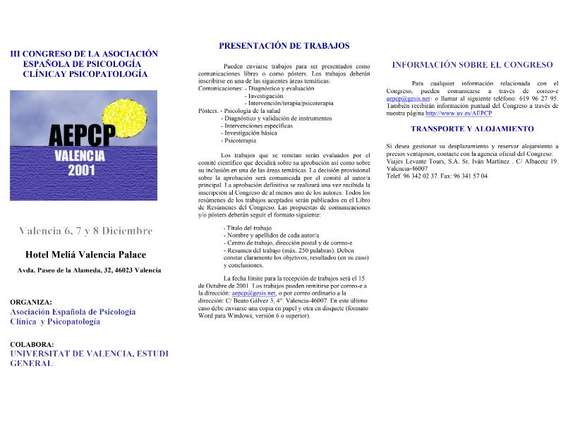 III CONGRESO DE LA ASOCIACIÓN ESPAÑOLA DE PSICOLOGÍA CLÍNICA Y PSICOPATOLOGÍA
